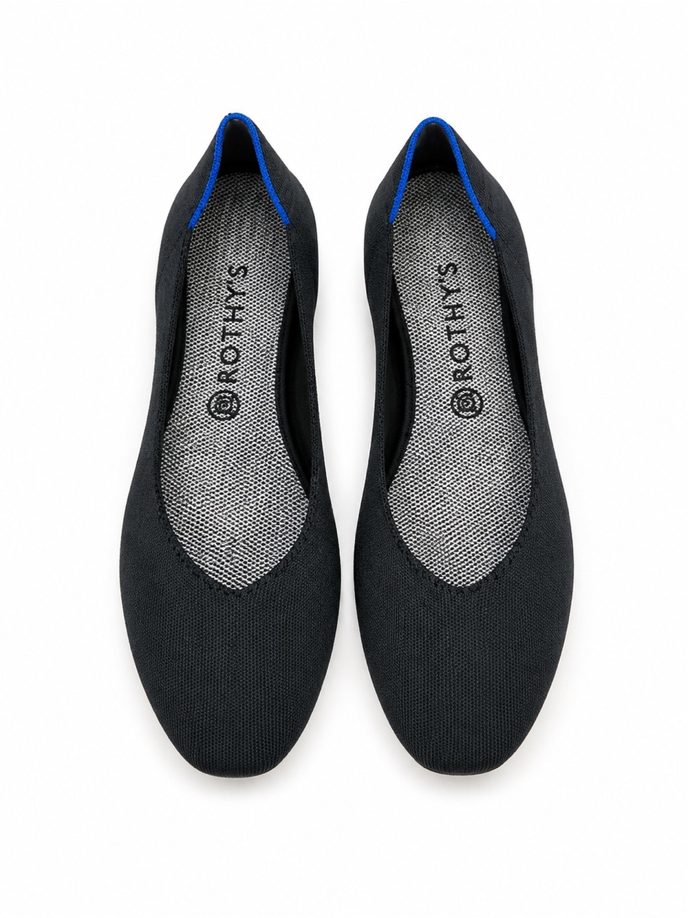 Rothy’s The Flat Black Knit Ballet Flats Blue Trim Size 11 Washable Like New